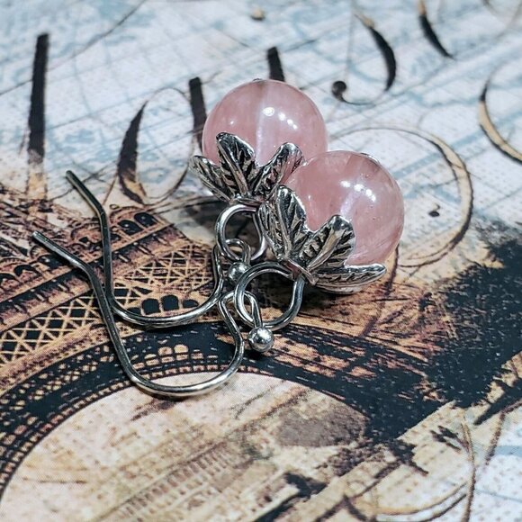 Artsy Leaf Capped Cherry Quartz Gemstone Dangle Silver Platinum Plated Earrings - Picture 5 of 11